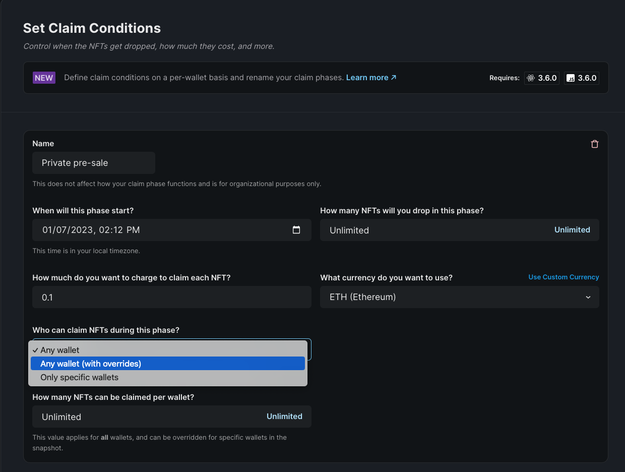 Setting claim phases on the dashboard